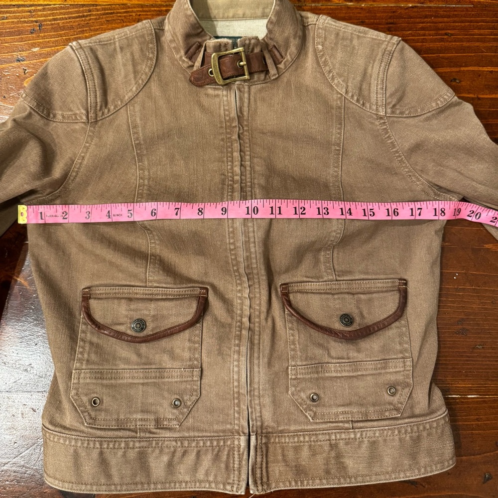 LRL- Ralph Lauren‎ Classic Tan Canvas with Leather Trim Moto Jacket. Size 8 - Picture 4 of 11